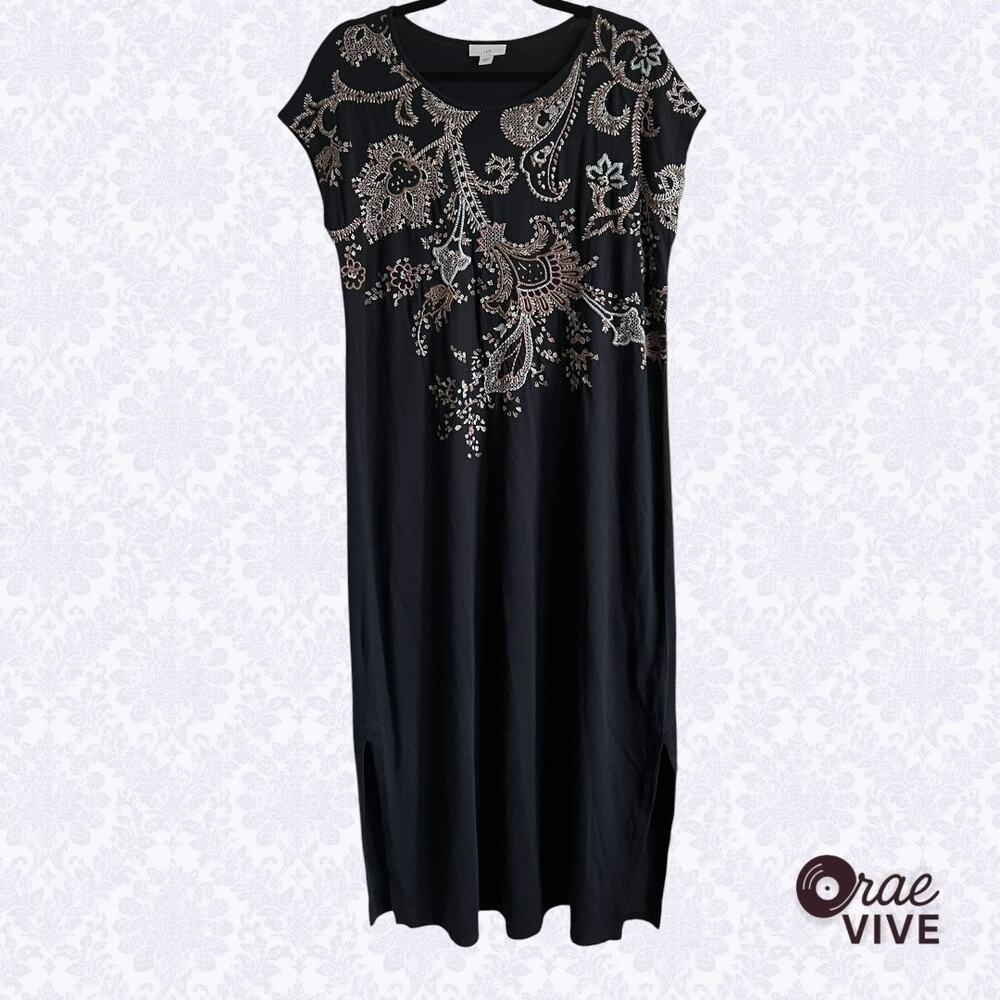 J Jill Women Small Black Embroidered Cotton Blend Kaftan Midi Dress [🌿]
